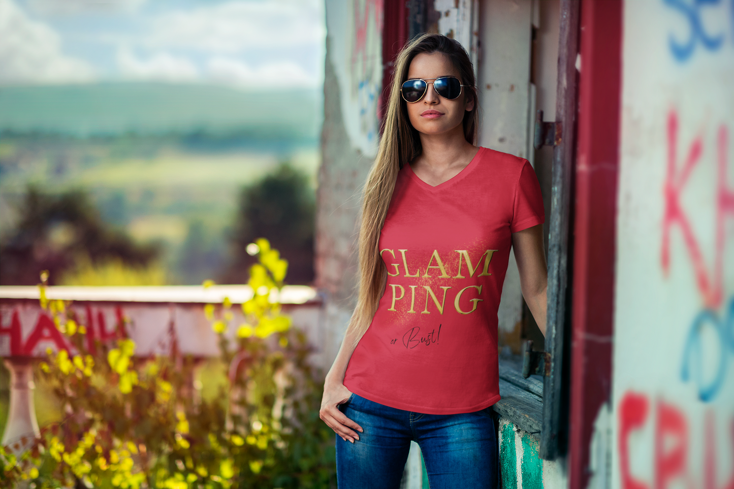 Glamping Or Bust Unisex Jersey Short Sleeve V-Neck Tee