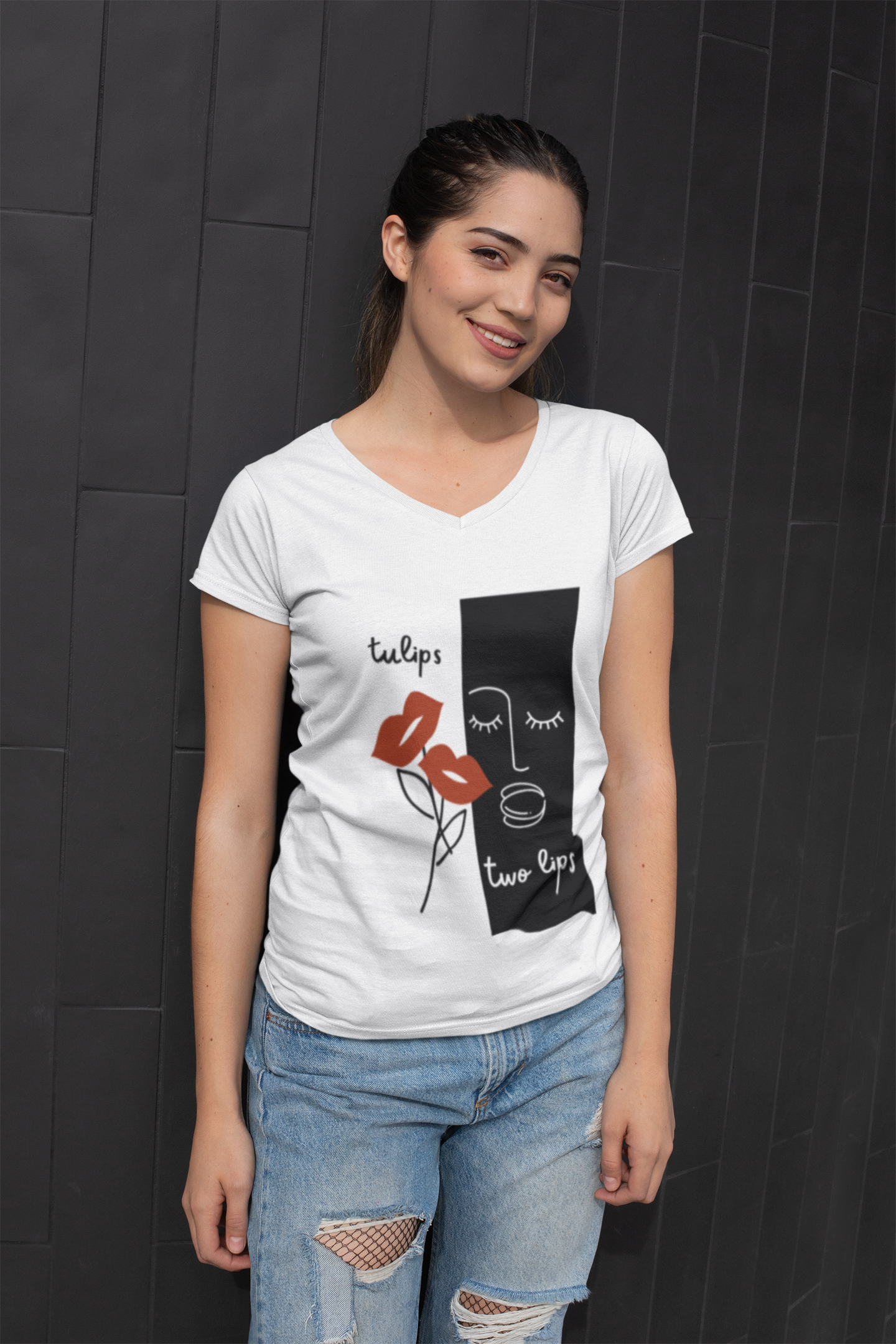 Tulips, Two Lips Unisex Jersey Short Sleeve V-Neck Tee